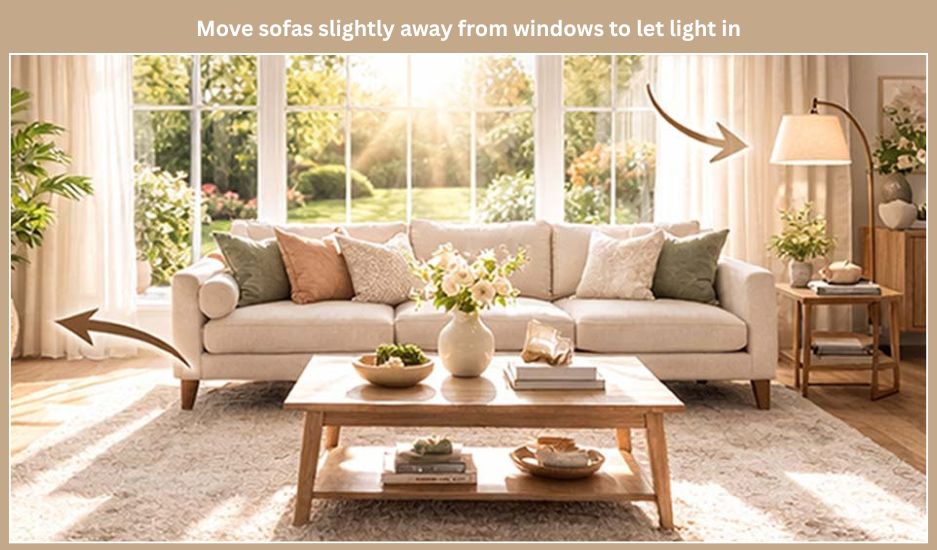 Move sofas slightly away from windows to let light in